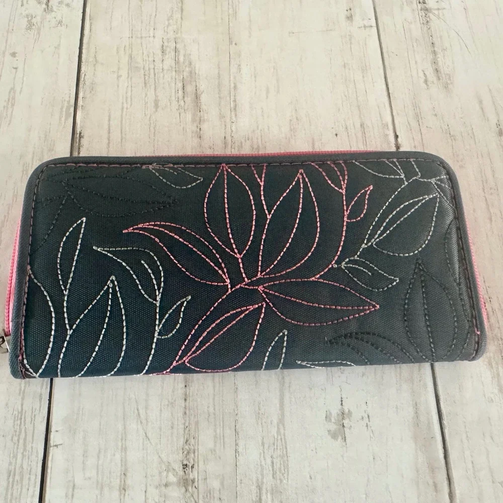 Travelon Safe ID RFID Blocking Zip Around Wallet Gray Pink Floral Embroidered